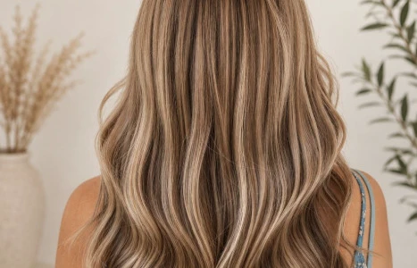 Lange gewellte blondierte Haare einer Frau im Studio sanftes Licht
